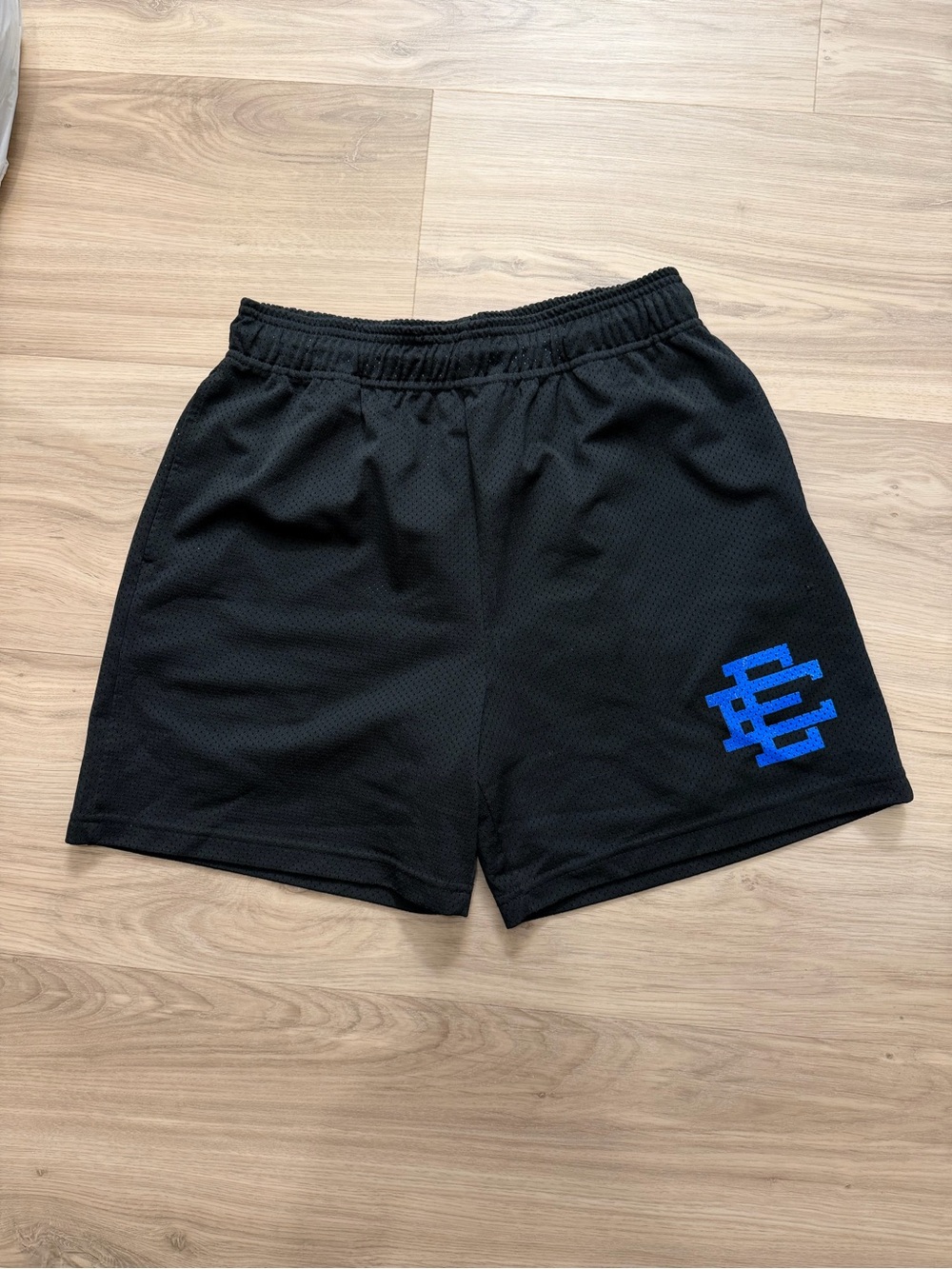 Eric Emanuel Men's Black Athletic Mesh Shorts with Blue Logo